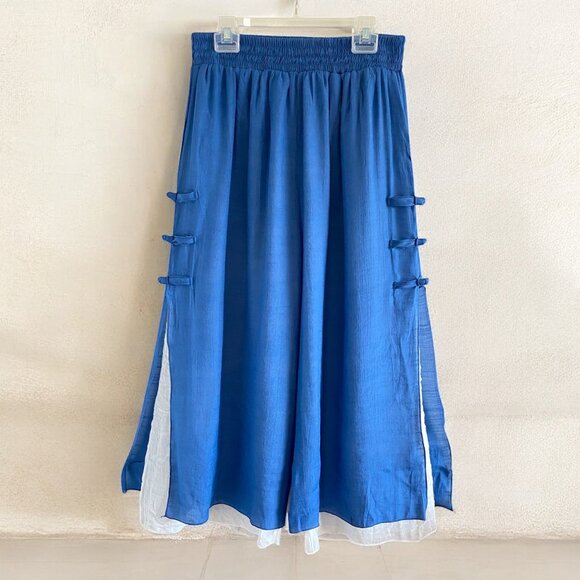 Wide Leg Linen Cotton Blue & Whited Cropped Pants Sz 6 - Picture 1 of 13